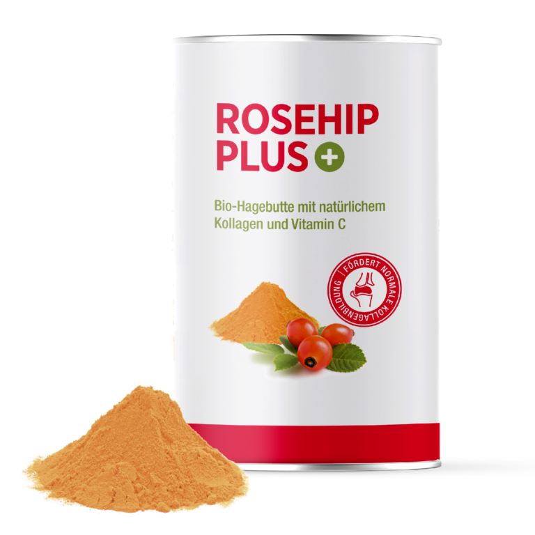 Rosehip PLUS Bio-Hagebutten-Pulver Dose Frontansicht mit Pulver