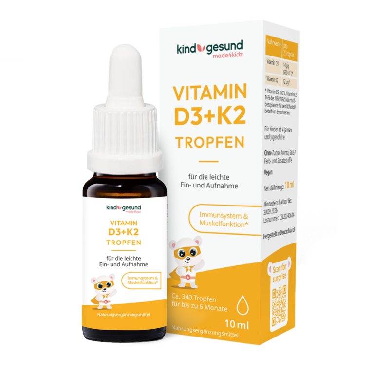 kindgesund Vitamin- D3+K2-Drops Frontansicht mit Umkarton