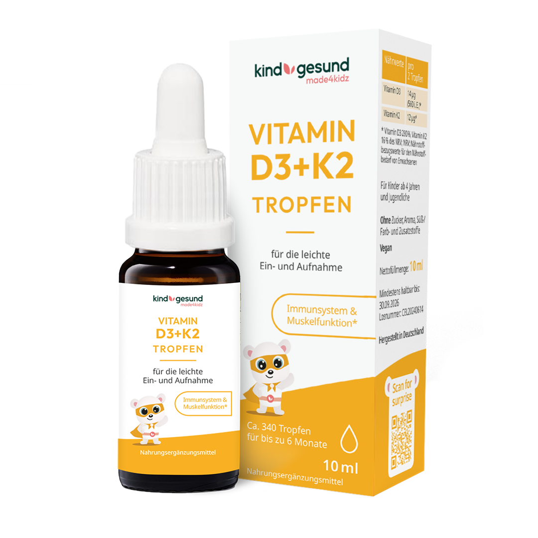 Vegane Vitamin D3+K2 Tropfen für Kinder – Unterstützung für Knochen und Immunsystem